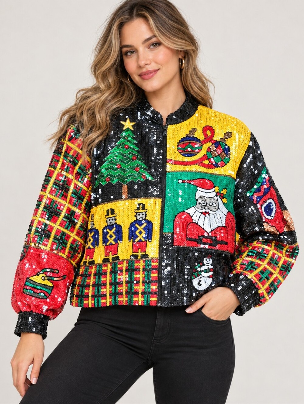 Vintage Just Fabulous Christmas Sequin Jacket Santa Nutcracker Size L